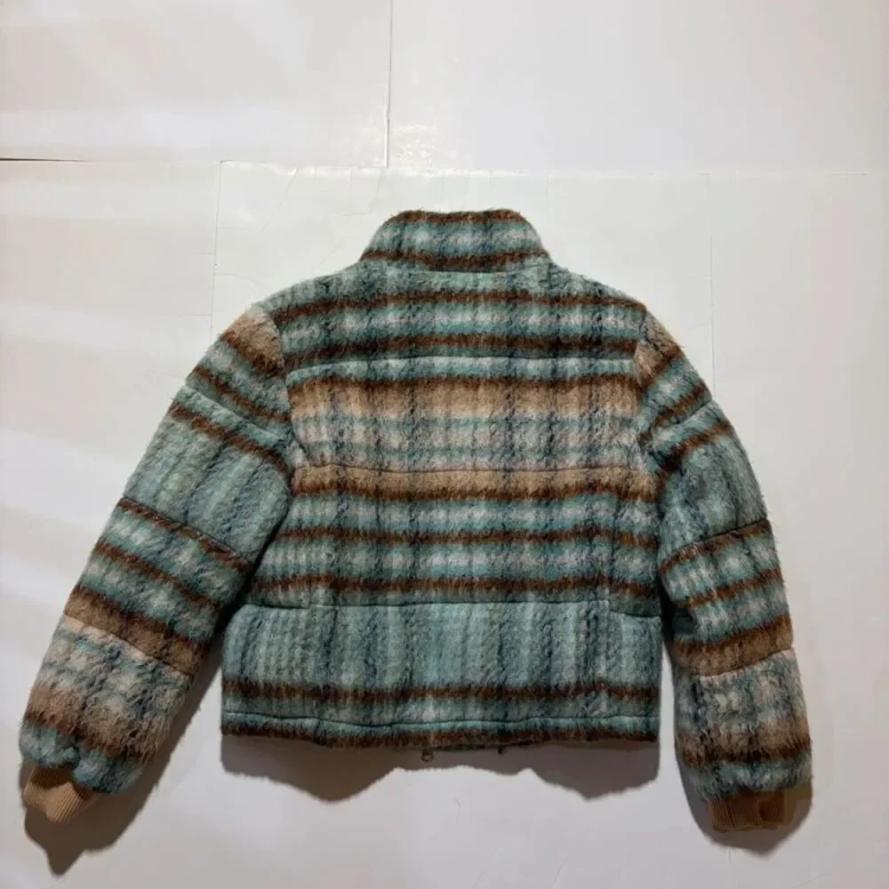 Anthropologie Blue and Brown fuzzy wool blend jacket coat size large